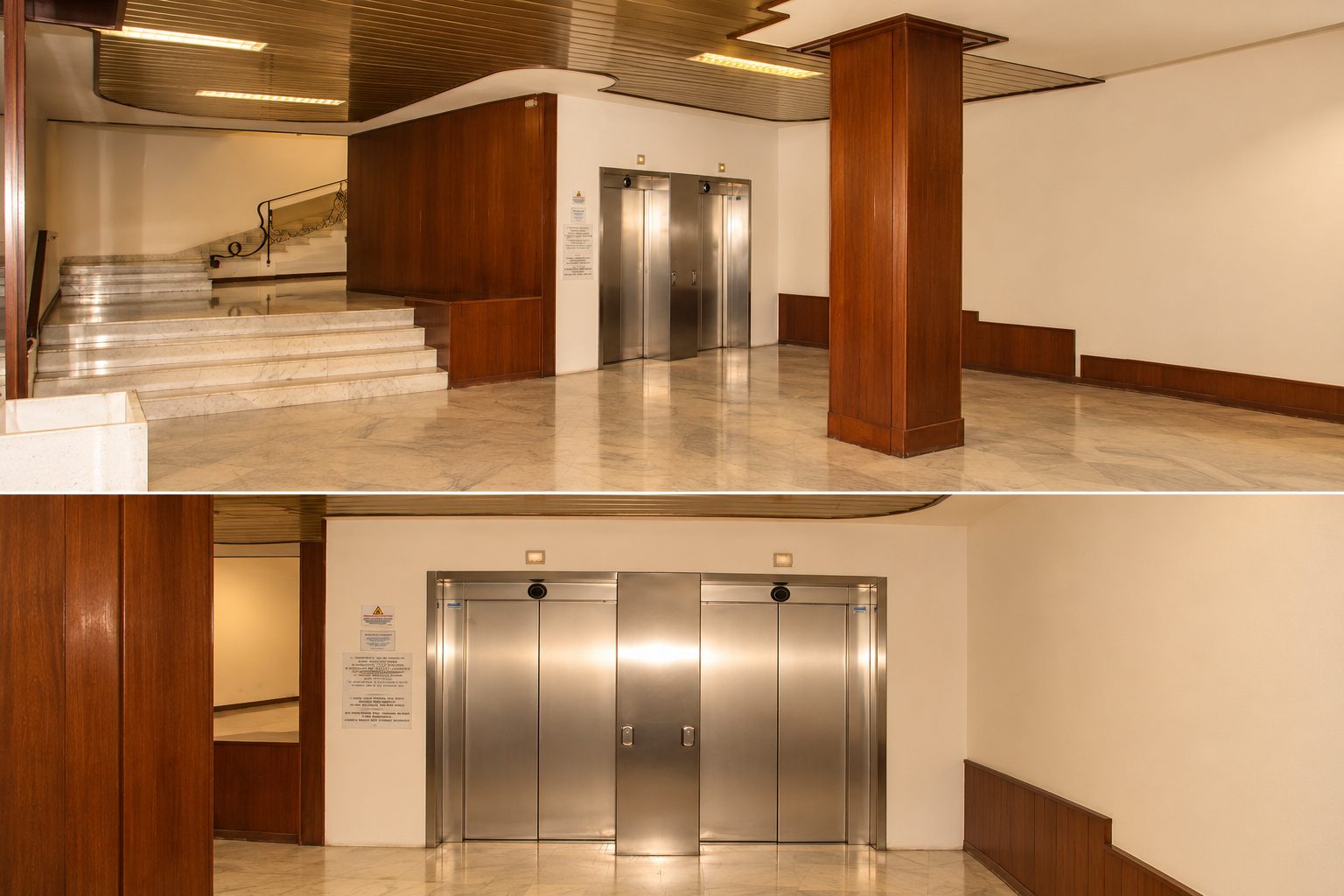 The entrance hall of Via Ricasoli 8: marble floors, wood panelling, the staircase and the lifts